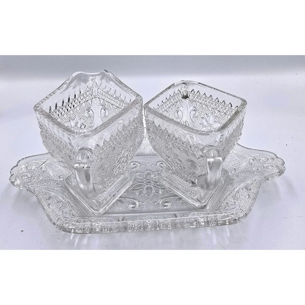 Vintage Clear Glass Embossed Floral Pattern Creamer and Sugar Bowl‎ with Tray